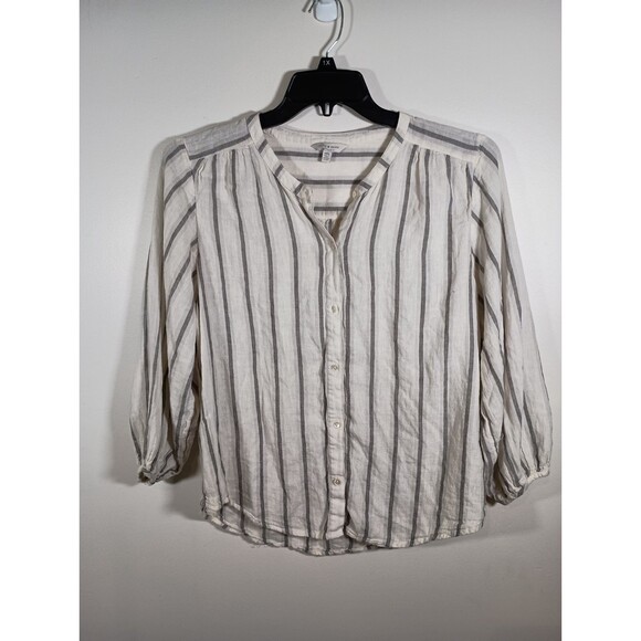 Lucky Brand Linen Blend Striped White Lightweight Henley Top Size Medium - Picture 1 of 9